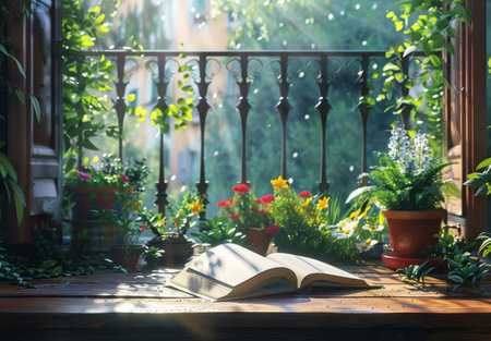 A book rests open on a wooden table on a balcony, surrounded by potted plants and flowers. Sunlight streams through the window behind, illuminating the scene.の素材