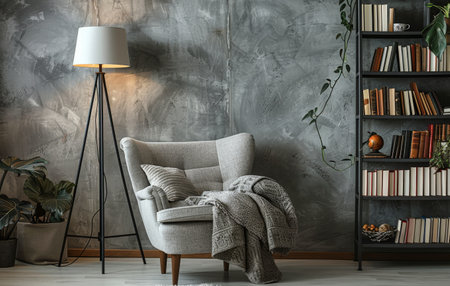 A cozy living room corner with a gray armchair draped with a blanket, a floor lamp illuminating the space, and a bookshelf filled with books.の素材