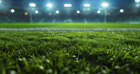 A view of an empty soccer field at night, illuminated by floodlights. The field is green and surrounded by trees.の素材