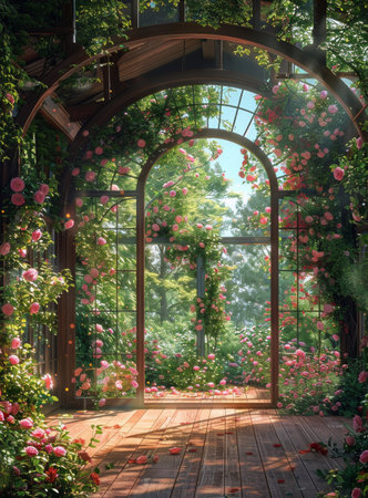 A picturesque view of a greenhouse filled with blooming pink roses, with a wooden floor and a view of a lush garden through the arched window.の素材