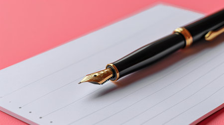 A blank spiral notebook and a black fountain pen lie on a pink, textured surface.の素材