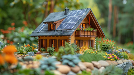 A meticulously crafted model of a modern, two-story glass house featuring a green roof and solar panels.の素材