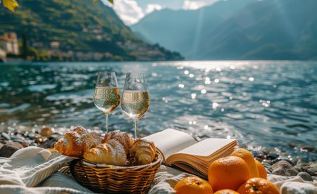 Two glasses of white wine on a lakeside picnic blanket, paired with a book, pastries, and a fresh orange.の素材