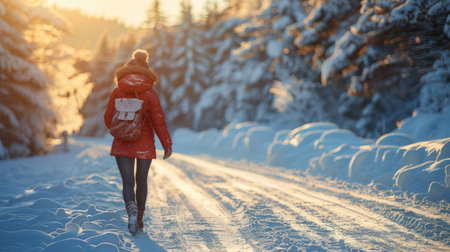 A woman walks along a snowy path in a forest, wearing a red jacket and backpack, with the setting sun casting a warm glow on the trees and snow.の素材