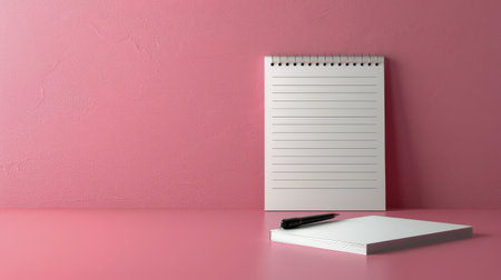 A blank spiral notebook and a black fountain pen lie on a pink, textured surface.の素材