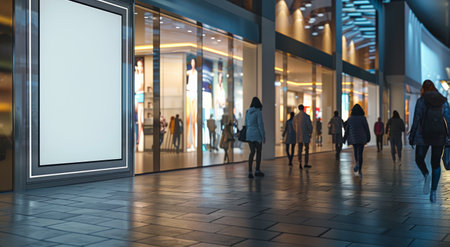 A large advertisement blank sign sits in front of a modern city shopping mall at night. People are walking by the storefront, making it a prime location for advertising.の素材