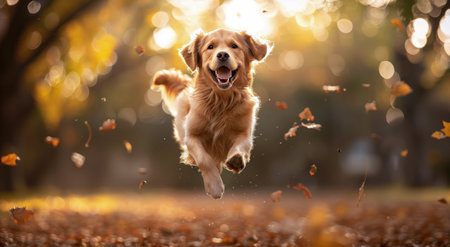 A golden retriever dog joyfully runs through a forest, leaping in the air with a happy expression as leaves fall around it.の素材