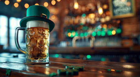 A glass of beer sits on a wooden table in a pub, with a leprechaun hat next to it. The table is decorated with festive green confetti.の素材