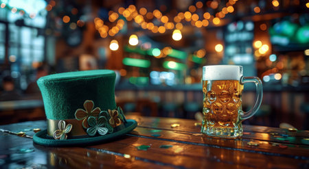 A glass of beer sits on a wooden table in a pub, with a leprechaun hat next to it. The table is decorated with festive green confetti.の素材