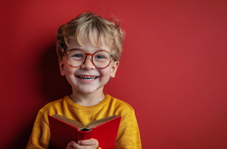 A young boy wearing glasses smiles happily while holding a book in front of a red wall.の素材