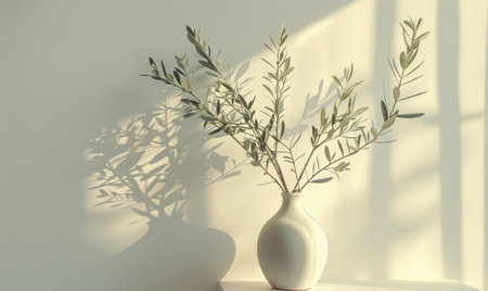 A single olive branch with green leaves is displayed in a white vase, illuminated by bright sunlight streaming through a nearby window, casting an intricate shadow on the wall behind it.の素材
