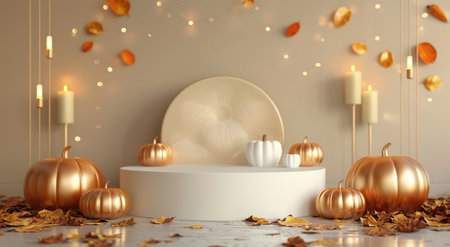 A white platform sits on a light brown surface surrounded by gold pumpkins and white pumpkins. Candles and fall leaves decorate the scene.の素材