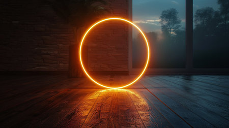 A glowing orange circle stands out against a backdrop of blurry city lights at night. The circle is illuminated, casting a warm glow on the surface below.の素材