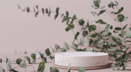 A white marble platform sits on a gray background, surrounded by eucalyptus branches with green leaves.の素材