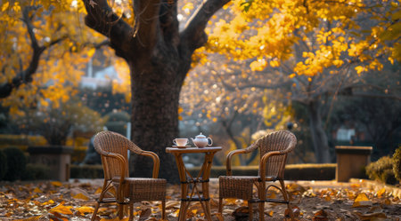 A table with two chairs sits beneath a tree with yellow leaves. There is a teacup and teapot on the table.の素材