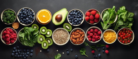 A variety of fresh vegetables, fruits, and nuts are arranged in bowls on a black surface.の素材