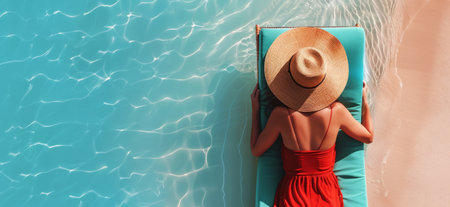 A woman wearing a red dress and a sun hat lies on a blue lounger by the pool, enjoying the sunshine.の素材