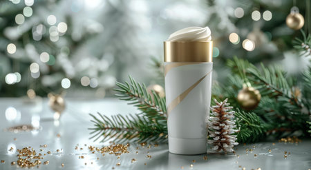 A white and gold deodorant bottle sits on a table, surrounded by pine branches and gold ornaments. The scene is festive and creates a sense of celebration.の素材