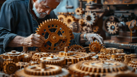 An elderly craftsman carefully assembles a complex wooden gear system in his workshop.の素材