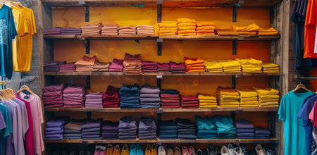 A retail store display featuring a variety of colorful t-shirts hanging on a rack, with additional folded t-shirts on lower shelves.の素材