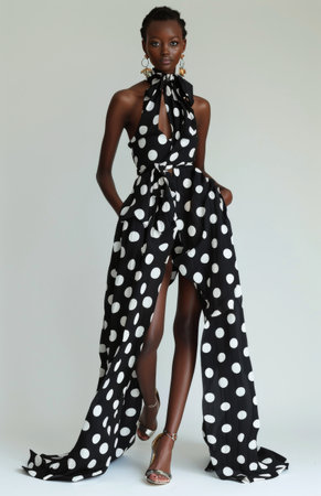 A woman in a black and white polka dot dress stands against a gray backdrop.の素材