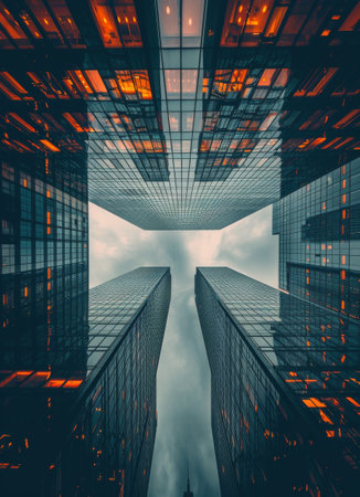 A low angle shot of several tall glass buildings in a city, with the sky visible in the background. The buildings are lit up from the inside, creating a warm glow.の素材