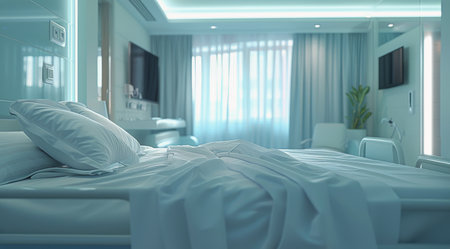 A hospital room with an empty bed, white sheets, and a view of the sky through large windows.の素材