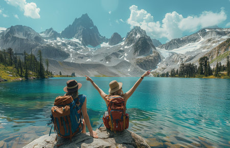 Two women are sitting on a rock, gazing at a stunning mountain range. They have backpacks and are wearing hats, suggesting a hiking trip. The clear, blue lake water reflects the bright sky and the snow-capped peaks, making for a breathtaking scene.の素材
