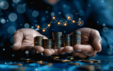 A person holds stacks of gold coins in their open hands with an upward trending line and glowing lights in the background.の素材