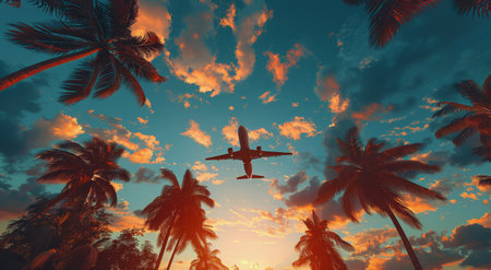 A plane flies over a tropical landscape, silhouetted against a vibrant orange and blue sunset sky. Palm trees sway in the breeze, creating a scene of peaceful serenity.の素材
