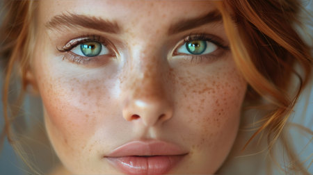 A close-up portrait of a young woman with red hair and freckles. Her eyes are looking directly at the camera, and her lips are slightly parted.の素材