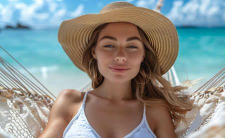 A woman wearing a straw hat relaxes in a hammock on a tropical beach with turquoise water and white sand.の素材