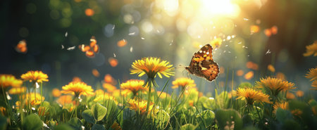 A butterfly flies through a field of yellow dandelions on a sunny day.の素材