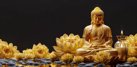 A serene Buddha statue meditates in a peaceful setting, surrounded by lotus flowers and burning candles.の素材