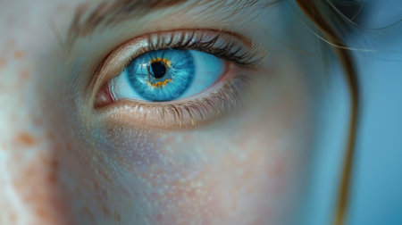 A close-up photograph of a single blue eye looking directly at the camera, with soft focus on the surrounding skin.の素材