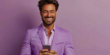 A man in a purple suit smiles while looking at his phone.の素材