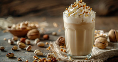A glass of latte with whipped cream and toasted pecans on top, sitting on a wooden table with scattered nuts.の素材
