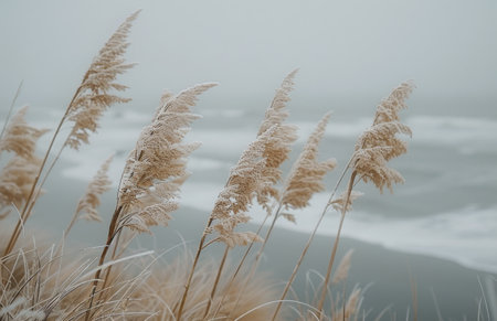 Tall grass sways in the wind on a cloudy day near the coast.の素材