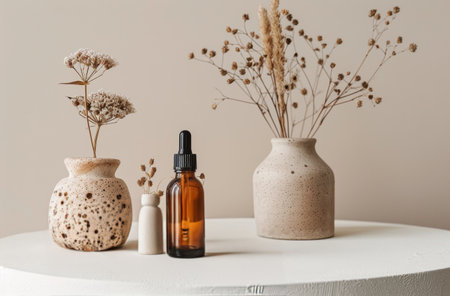 On a white shelf, a brown bottle with dropper and white label sits next to a vase of dried white flowers. Another vase holds dried branches in background.の素材