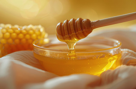 A close-up shot of a glass bowl filled with honeycomb and drizzled honey, resting on a white fabric surface.の素材