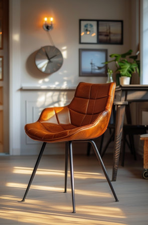 A brown leather chair with black legs sits in a living room with sunlight streaming through a window.の素材
