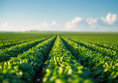 A photo of rows of crops growing in a field under a clear blue sky. The sun is shining, and the plants are green and healthy.の素材