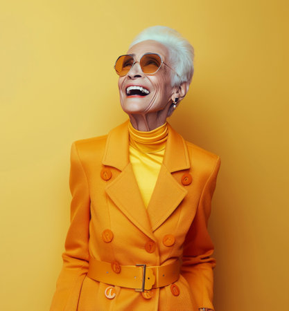 A senior woman in a yellow coat and sunglasses smiles at the camera against a bright yellow background.の素材