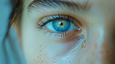 A close-up photograph of a single blue eye looking directly at the camera, with soft focus on the surrounding skin.の素材