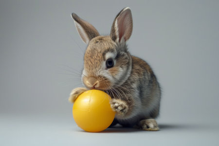 A cute gray bunny rabbit is pictured playing with a yellow ball on a plain gray background.の素材