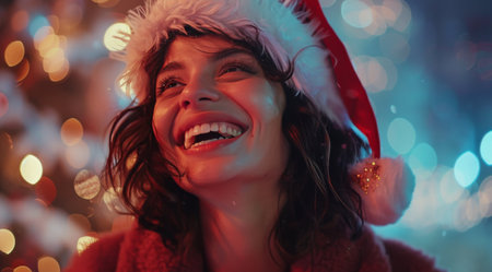 A woman wearing a Santa hat smiles at Christmas lights.の素材