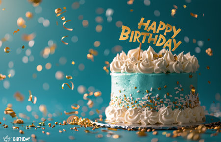A blue birthday cake with white frosting and golden confetti falling around it.の素材