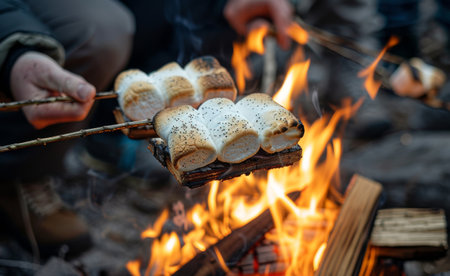 Close-up of gooey, toasted marshmallows on sticks held over a campfire.の素材