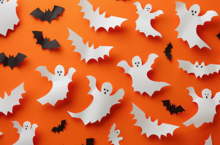 White ghosts and black bats on an orange background, created with paper cutouts for a festive Halloween decoration.の素材