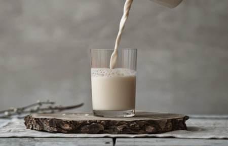 A glass of milk is being filled with a splash on a wooden cutting board.の素材